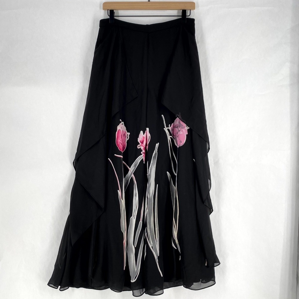 Samuel Dong Palazzo Pants Womens M Black Sheer Tulip Flower Layered‎ Chiffon